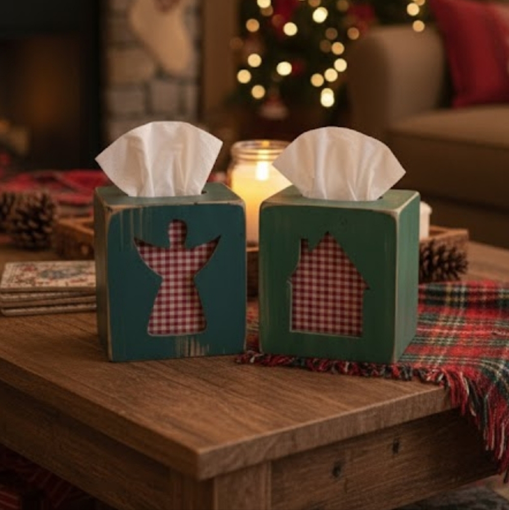 Vintage Primitive Folk Art Wooden Green Kleenex Boxes Gingham Pattern